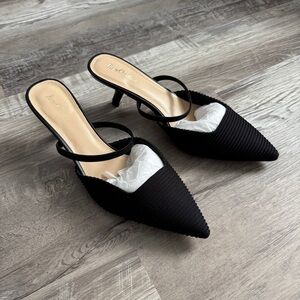 NEW Black Pointed Toe Kitten Heel Mules Textured Slip-On Heels Chic Dress Shoes